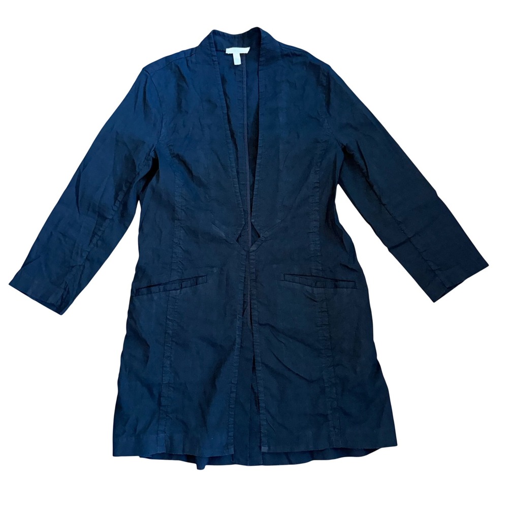 Eileen Fisher Black Organic Linen Open Front Long Cardigan Jacket Womens S Coat